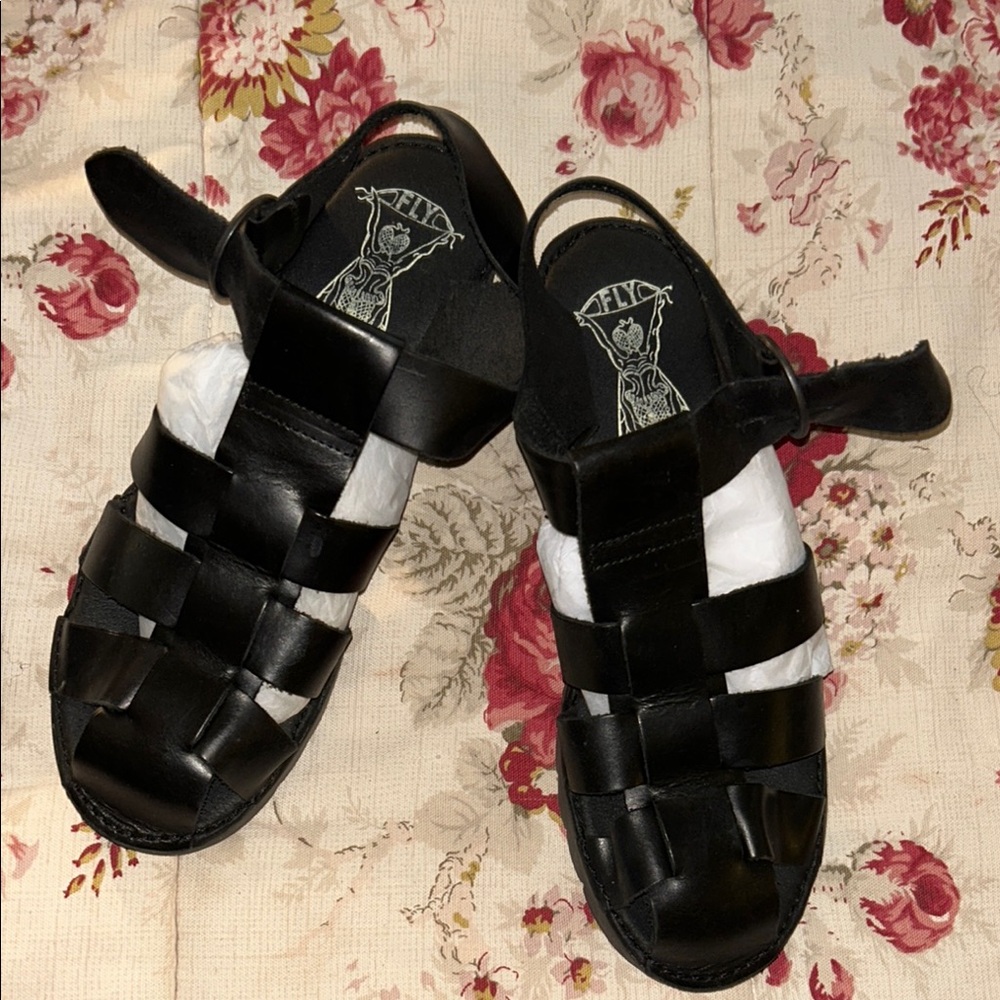 Fly London Black Strappy Leather Sandals